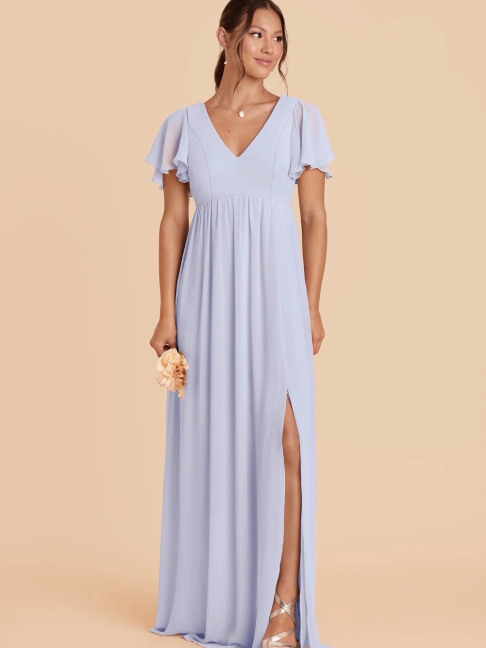 Birdy Grey Hannah Chiffon Bridesmaid Dress Ice Blue Size Medium New Maxi Flutter